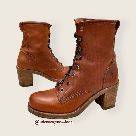 Frye Karen Cognac Leather Combat Lace Up Combat Wood Block Heeled Ankle Booties - Picture 14 of 14